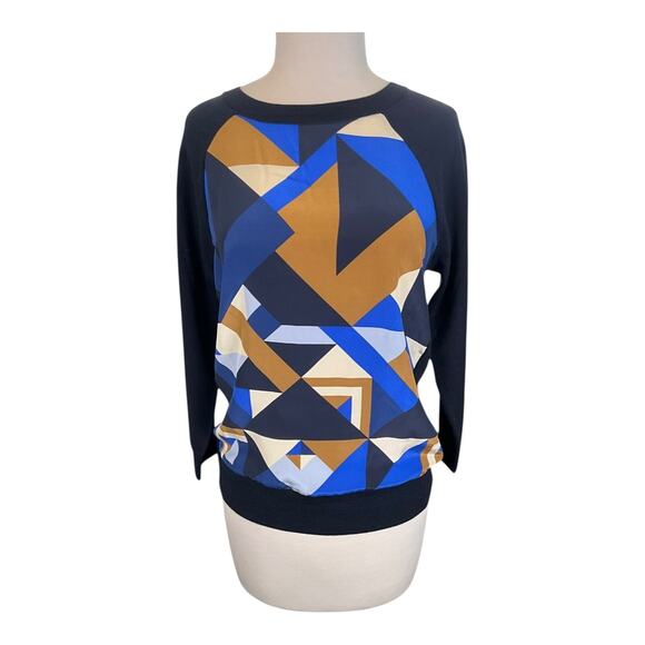 J.Crew Silk Front Merino Wool Sweater Size S | Blue Tan Geometric Print - Picture 10 of 10